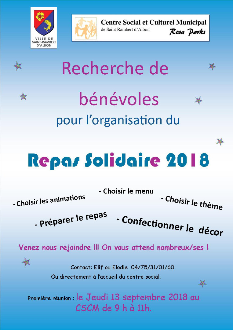 affiche recherche de bnvoles pour repas solidaire 2018